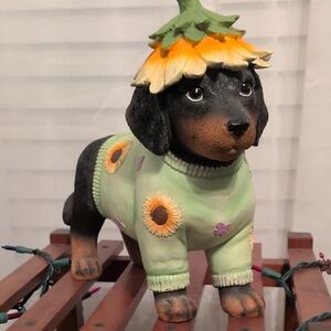 Decorative Dog Figurine: Dachshund Statue in Green Sunflower Sweater